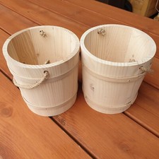 Wooden bucket with a rope as a handle, Set of Two, Diameter 11 cm, Unpainted