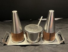 Danish Mid Century Modern Stainless Teak Salt Pepper Set, Mustard Pot & Tray
