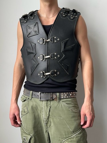 Vintage black leather biker - black,