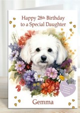 Personalised Birthday Card Bichon Frise Puppy Dog in a Flower bed