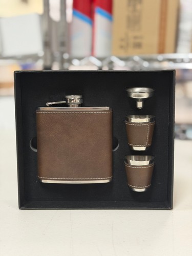 Flask brown leather set - leather, oz