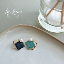 Double Square Rhombus Turquoise Navy Blue Faux Pearl Stud Earrings UK FREE SHIP