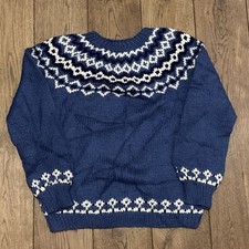 Hand Knitted Nordic Fair Isle Yoke Jumper Sweater Unisex Large L Blue White