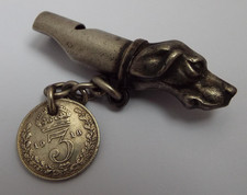 SUPERB VERY RARE ENGLISH ANTIQUE 1905 SOLID STERLING SILVER NOVELTY DOG WHISTLE