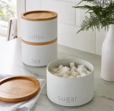 Stackable Tea Coffee Sugar Storage Jars 3Pk Round Food Canisters Ceramic Great