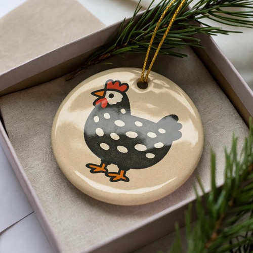 Speckled hen ornament ceramic - hen,