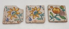 18th Century Set of 3 Hand Painted Floral Spanish Tiles 4" x 4"