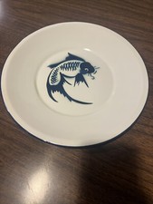 Vintage Butterfly Brand Metal Blue & White enamel Koi Fish Dinner plate 10 1/4”