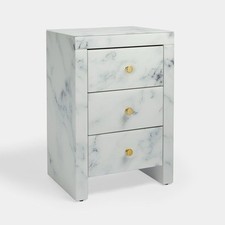 Pair of Tempered Glass Nightstand, Marble with 3 Drawers,Side Table for Bedroom