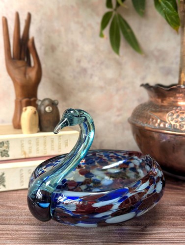 Vintage blue art glass swan - art,