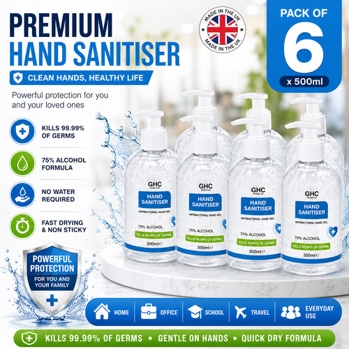 Hand sanitiser 500ml pack 6 - 500ml, of