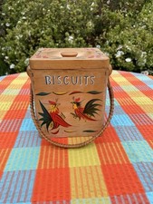 Vintage 1950s Wooden Painted Biscuit Barrel Box Chicken Pattern Handle