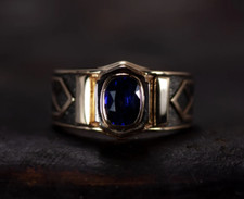 Men's 2 Ct Blue Sapphire Statement Engagement Ring in 14 K Yellow Gold For Men