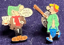 VINTAGE PAIR ANDY CAPP & FLO R.A.O.B. GP M.N.D. ‘94 CHARITY PIN BADGES