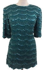 Frank Usher Women's Top Size M Turquoise Beads Sequins Lined Used F1
