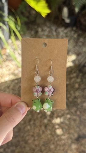Glass green frog - green, pink