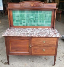 Antique Edwardian marble top inlaid wash stand tiled drawers sideboard