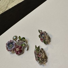 Avon Set - Rhinestone / Enamel Flower Clip Earrings / Brooch Pin Silver Tone