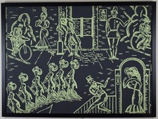1940s Hand block printed F Schumacher wallpaper sample. Rendezvous - NYC Scene