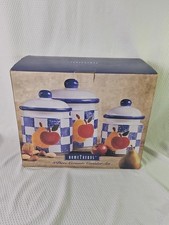 3 Piece Canister Set Blue and White Check Ceramic Apple & Pear Design New In Box