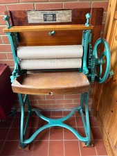 Antique Cast Iron Mangle Clothes Wringer – Vintage Laundry Roller with Wood Tray