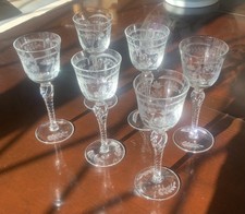 6 x Vintage Crystal Cut Etched Wine Glasses + Rare Etched Footed Glasses 