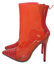 Red Studded PVC High Heeled Pointed Toe Boots Womens Size UK 5 REF D 349