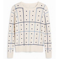 GANT Women’s Cream Blue Grid Spot Jumper Size S Cotton Cashmere Sweater