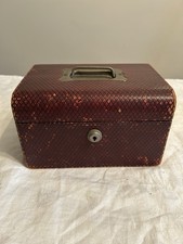 Red Leather Covered Vintage Storage/trinket Box With Carry Handle. Lock, No Key