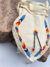 Vintage  Native American Navajo Beaded Four Sided Leather Bag