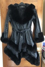 Flam Mode Black Faux Leather Hooded Coat with Faux Fur Trim - Small (Approx 8)