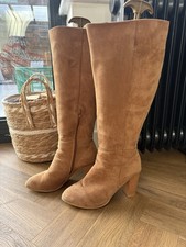 Ladies Tan Knee High Boots Block Heel  Side Zip Retro Autumn Style Faux Suede