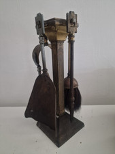 VINTAGE brass & Silver Tone Fire Sideb Set Brush Poker Tongues Shovel Patina...