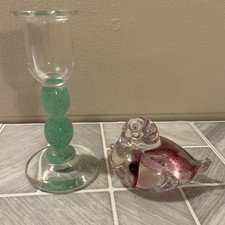 SELKIRK GLASS DUCK SIGNED &  DATED + CANDLE STICK