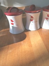 Dunelm Poppy Tea Coffee Sugar Ceramic Canisters Lidded Storage Containers Set x3