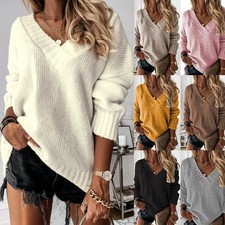 Women Knitted Jumper Sweater V Neck Baggy Winter Warm Long Sleeve Pullover Tops