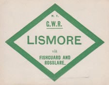 Great Western Railway Ireland Luggage Label LISMORE VIA FISHGUARD & ROSSLARE