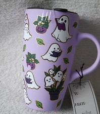 Halloween Light Purple Porcelain Travel Mug Cute Ghost Botanical Reading Books