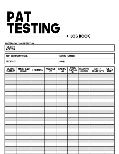 Pat testing log book - book:, portable