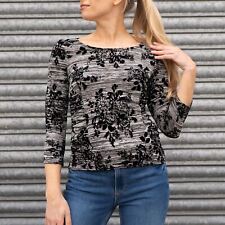 Phase Eight Top Womens Black Tee Jersey Floral Stretch 3/4 Sleeves Ruched Side