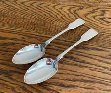 ANTIQUE PAIR OF FIDDLE BACK LARGE DOUBLE CRESTED SILVER PLATED SERVING SPOONS