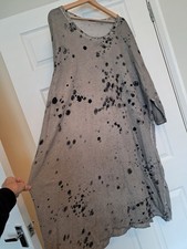 Grizas Dress Size L XL Grey Oversized Lagenlook Raw Hem Paint Splatter Relaxed