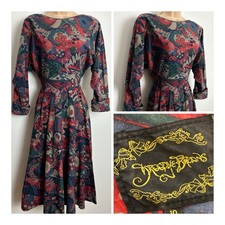 Vintage 80s DROOPY & BROWNS Dark Green Red & Grey Abstract Midi Dress Size 6