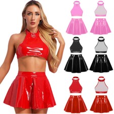 Womens Wet Look Leather Mini Dress Shiny Latex Crop Top with Mini Skater Skirt 