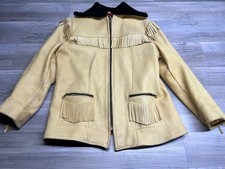 Vintage UBER Owatonna Minnesota Leather Fringe Jacket Faux Fur Collar Tan Size M
