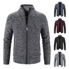 Mens Zip Up Thick Fleece Lined Cable Knit Cardigan Winter Knitted Tops Coat