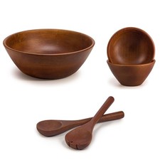 Wooden Round Large Salad Serving Bowl, Salad Servers Set & Serving Bowls Set