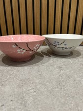 Japanese Pink & White Blossom Ramen bowl Set of 2 Ceramic, back stamped