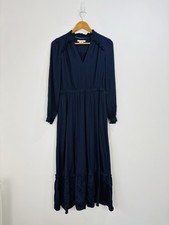 Boden Dress Women Size 10 Navy Blue Maxi Long Sleeve V Neck Pockets Frill