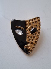 Vintage mask brooch black gold - brooch,